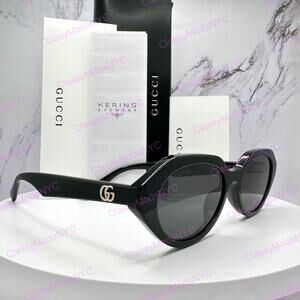 New GUCCI Sunglasses Black Oval Acetate Gold Metal Interlocking GG Logo Womens